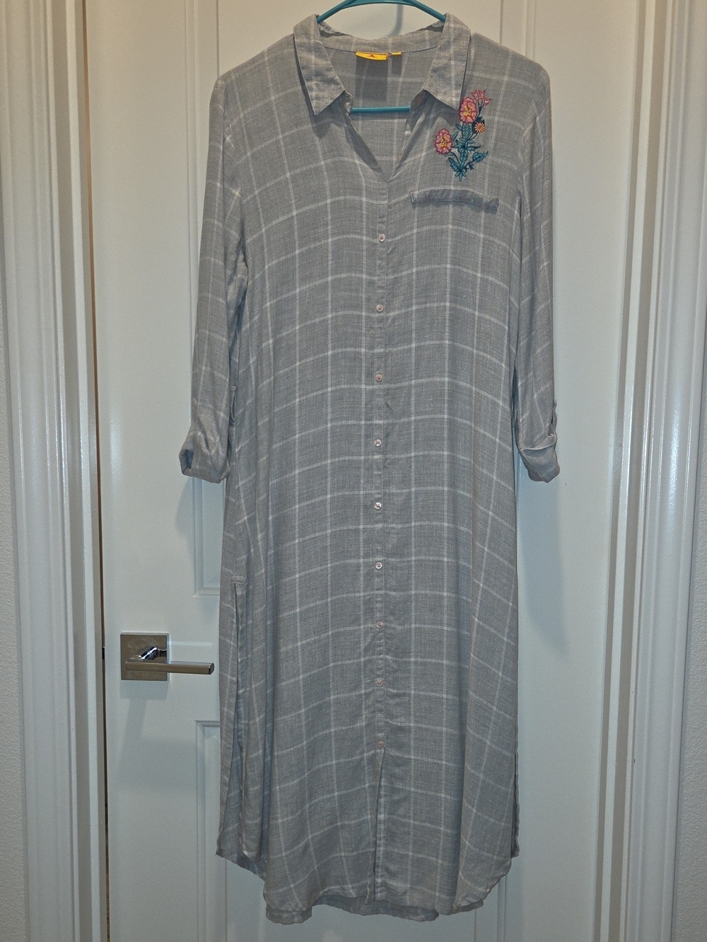 Women's Light Gray Checked Shirt Dress with Floral Embroidery